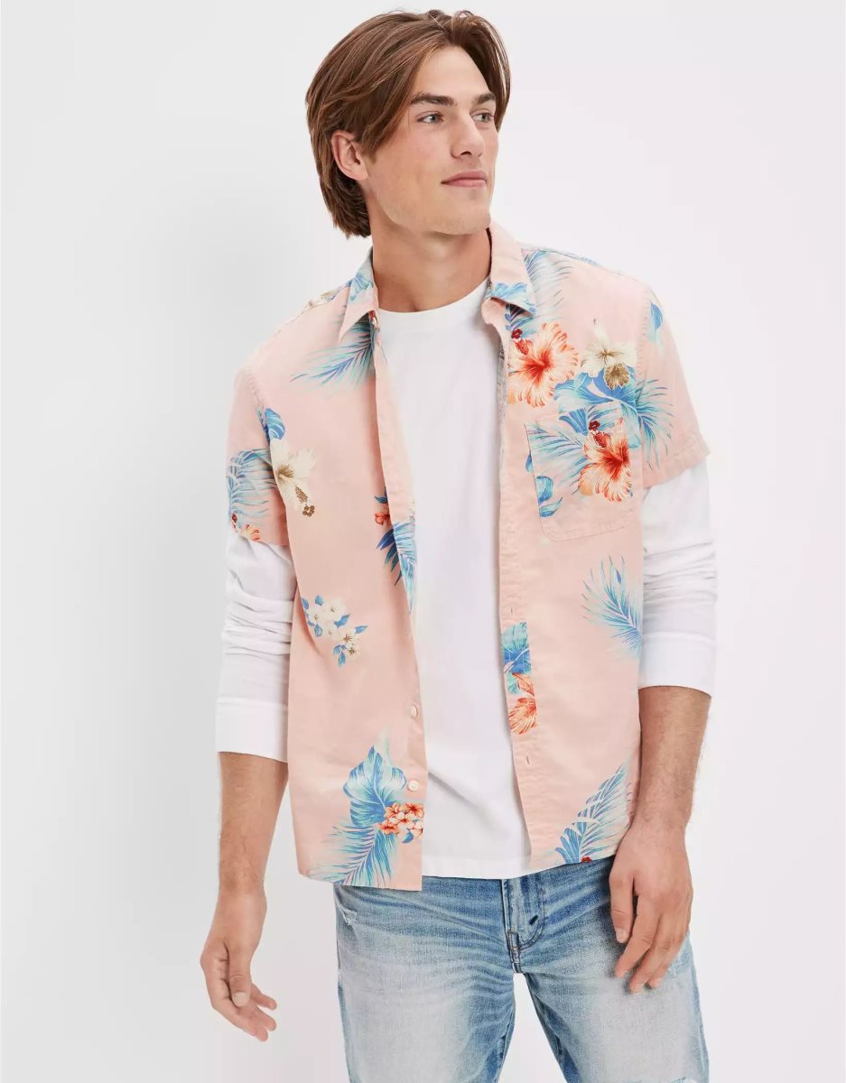 Hauts Flanelle American Eagle AE Tropical Button-Up Resort Shirt Rose Homme | ZHH-39798913